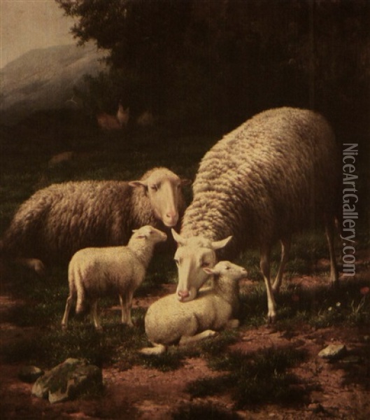 Sheep Family In Bucolic Setting Oil Painting - Theo van Sluys