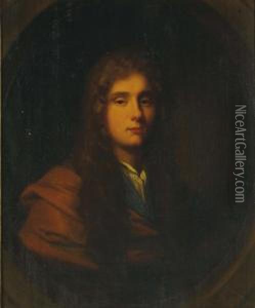 Portrait Of A Gentleman, Bust-length, In A Brown Cloak, In A Feigned Oval Oil Painting - John Riley