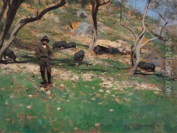 Boy And Black Pigs Oil Painting - Harrington Mann