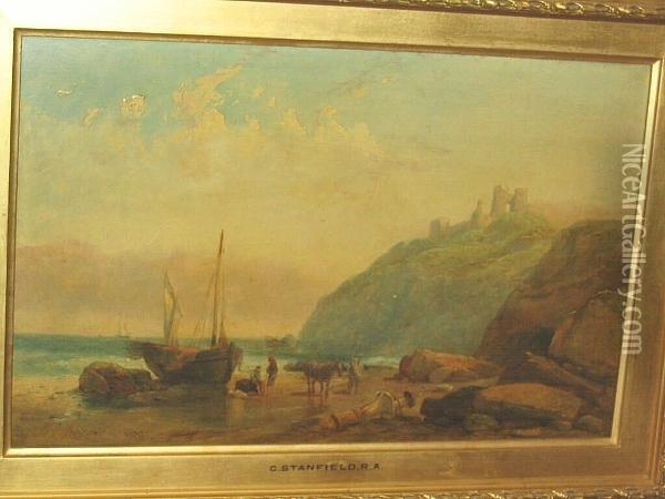 Fisherfolk, Beached Boat And Horses On The Shore, A Cliff Top Castle Beyond Oil Painting - William Clarkson Stanfield
