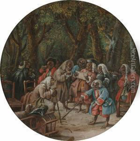 Six Costumed Monkeys Around A Table, Playing Cards Oil Painting - Pierre Josse Joseph Perrot