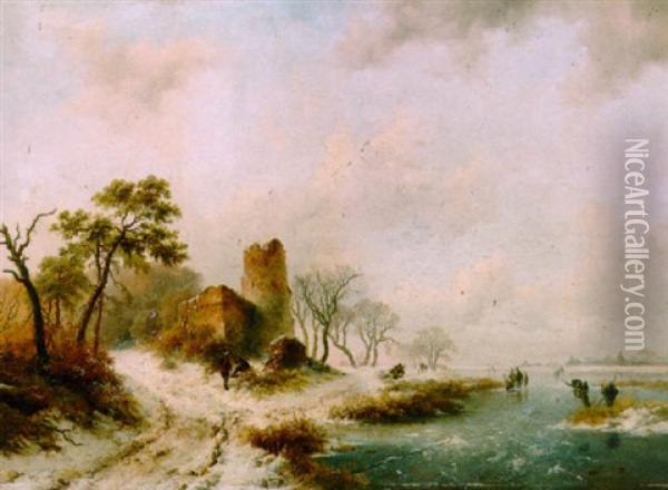 Wood Gatherers And Skaters In A Wintry Landscape Oil Painting - Frederik Marinus Kruseman