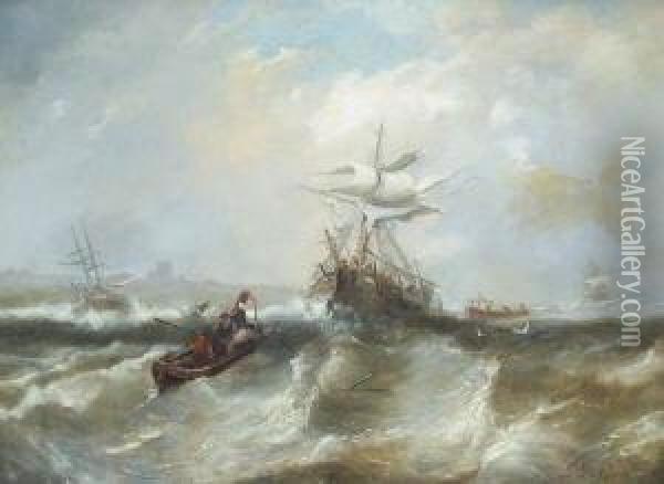 Segelschiffe Und Boote Auf Sturmischer See Oil Painting - George Clarkson Stanfield