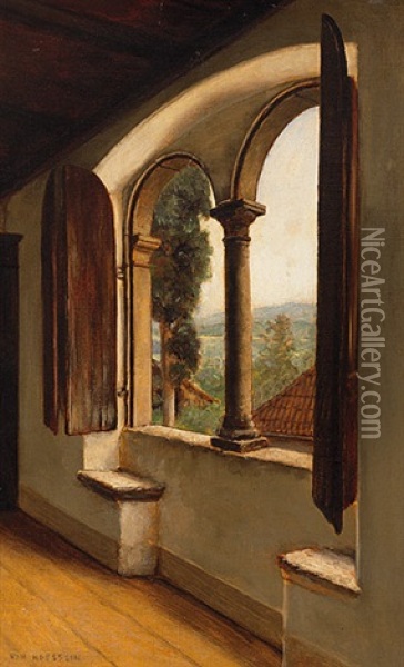 Blick Durch Das Bogenfenster Eines Palazzos In Hugelige Landschaft Oil Painting - George Von Hoesslin