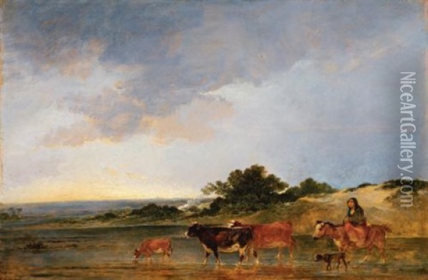 A Mounted Peasant And Her Cattle Fording A Stream Oil Painting - Philip James de Loutherbourg