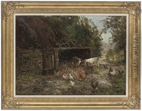 Calves And Chickens In A Farmyard Oil Painting - John Falconar Slater