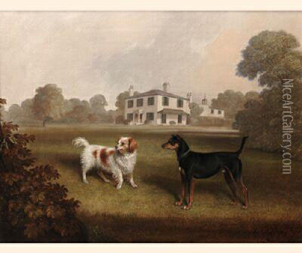 A Spaniel And A Black-tan Terrier In The Grounds Of A Countryhouse Oil Painting - Charles Dickinson Langley