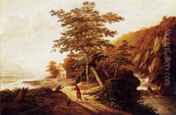 Huntsmen Returning From Their Hunt In A Rhenish Landscape With A Waterfall Oil Painting - Claes Jansz van der Willigen