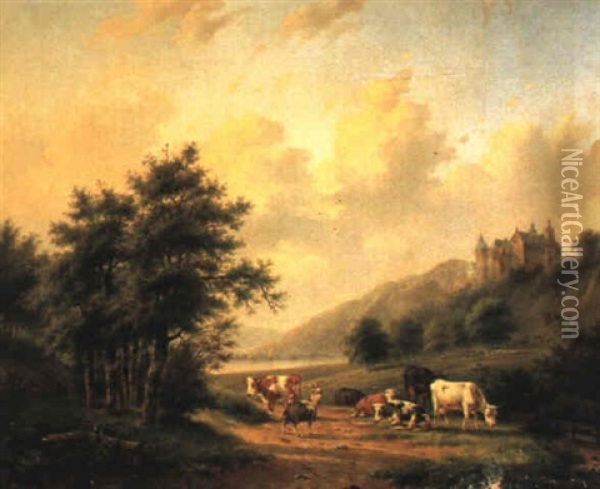 Vaches Dans Un Paysage Avec Chateau Oil Painting - Gerardus Hendriks