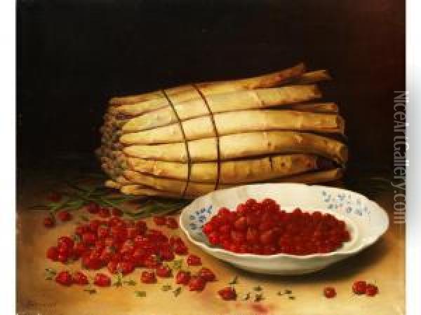 Stilleben Mit Spargel Und Erdbeeren Vor Dunklem Hintergrund Oil Painting - Sirvent