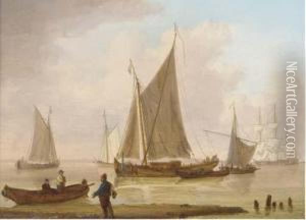 Dutch Barges Drying Their Sails Off A Village; And Commercialtraffic Anchored Offshore Oil Painting - William Anderson