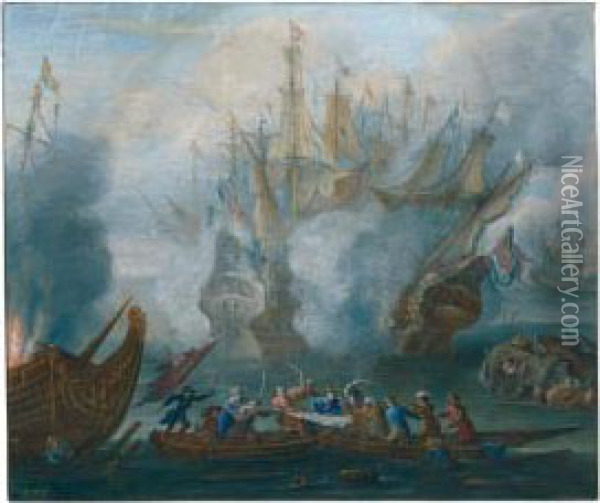 A Sea Battle, With Sailors Sword-fighting Oil Painting - Henri-Desire Van Blarenberghe