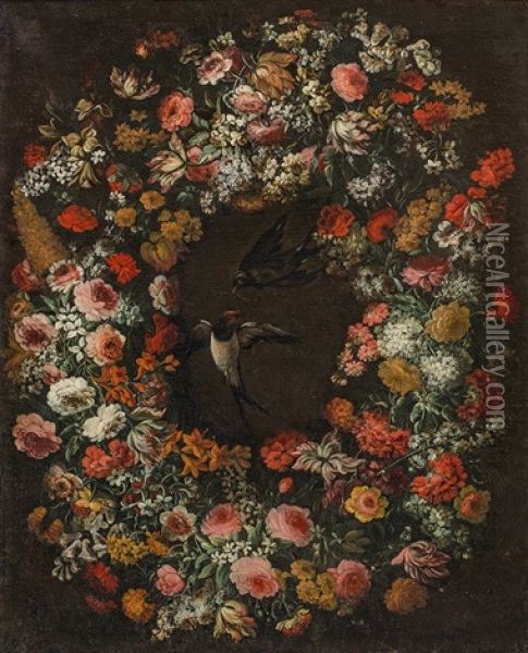 Garland Of Flowers With Two Birds Oil Painting - Giovanni Stanchi