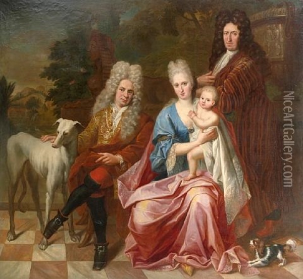 A Portrait Of A Noble Family Seated In A Garden With A Dog Oil Painting - Johannes Vollevens the Younger