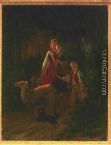 Junge Hirtin Mit Ihren Kindern Und Schafen Auf Dem Waldweg Oil Painting - Karl Offterdinger