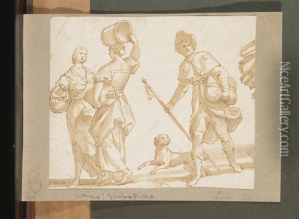 Saint Roch Avec Son Chien Et Deux Jeunes Femmes Discutant Oil Painting - Paolo Girolamo Piola