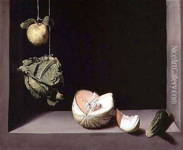 Quince, Cabbage, Melon and Cucumber, c.1602 Oil Painting - Juan Sanchez Cotan