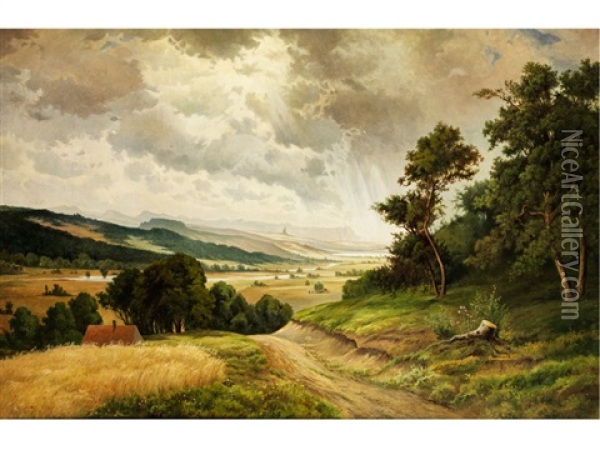 Grosse Flusslandschaft Mit Aufgelichteten Wolken Und Heuernte Im Mittelgrund Oil Painting - Joseph Langl