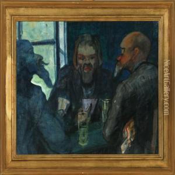 Three Men Playing Cards - The Cardsharper Oil Painting - Ivar Arosenius