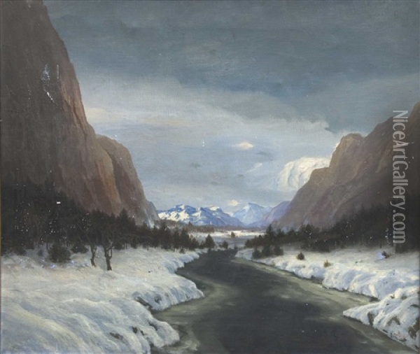 Gebirgsfluss In Der Winterlichen Landschaft. 108 X 92 Cm Oil Painting - Hans von Petersen