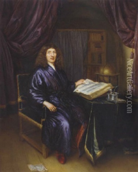 Portrait Of A Gentleman In A Blue Dressing Gown, Reading At A Library Table Oil Painting - Bernart (Bernhard) Vollenhove
