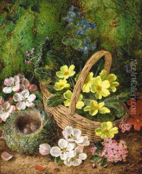 Primroses, Primulas, And Apple Blossom With A Bird's Nest With Eggs And A Wicker Basket, On A Mossy Bank Oil Painting - George Clare