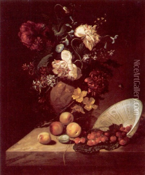 Still Life Of Flowers In A Sculpted Vase, Strawberries In An Upturned Porcelain Bowl, Peaches And A Plum, Upon A Marble Ledge Oil Painting - Rachel Ruysch