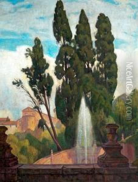 A Town With Fountain. Signed Einar Wegener Oil Painting - Einar, Lili Elbe Wegener