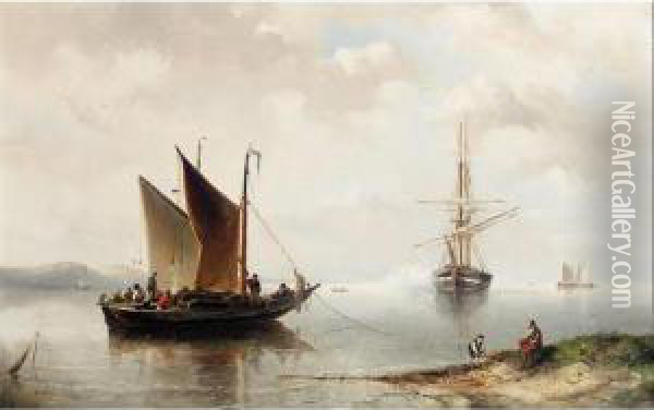 Dutch Estuary Scene With A Man-o'-war Firing A Salute And Fishing Boat In Foreground Oil Painting - Nicolaas Riegen