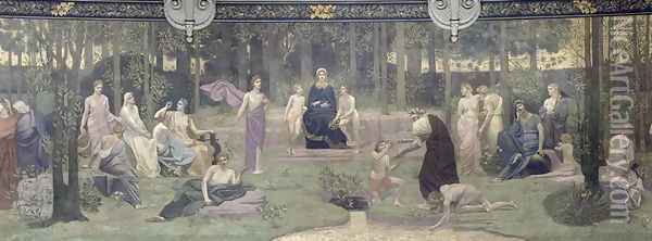 The Sacred Wood, allegorical mural in the Grand Amphitheatre, central detail of the Sorbonne, Eloquence, Poetry, the Life-Giving Source and Science, 1887-89 Oil Painting - Pierre-Cecile Puvis De Chavannes