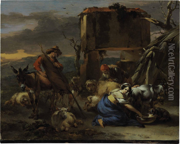 A Shepherdess Milking A Goat Oil Painting - Nicolaes Berchem