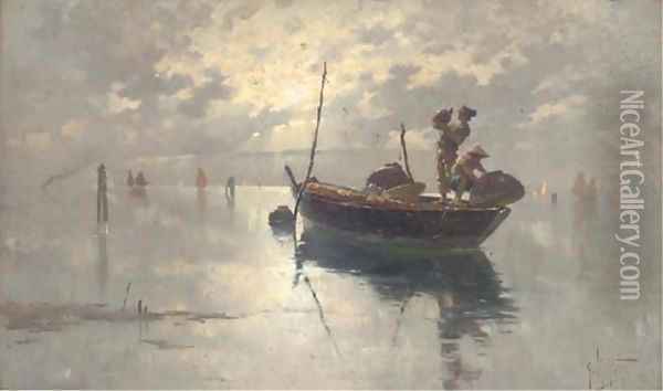 Fishermen on the Venetian Lagoon, dusk Oil Painting - Giuseppe Vizzotto Alberti