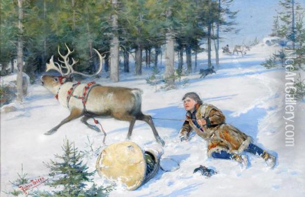 Kappkorning - Vintermotiv Med Samepojke Och Ren Oil Painting - Johan Tiren