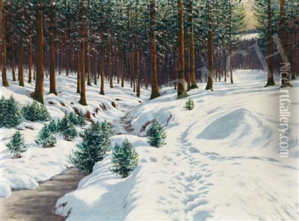 Winter Lights In The Forest Oil Painting - Victor Olgyai