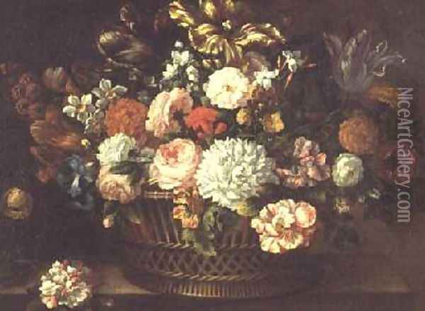 Peonies tulips narcissi and other flowers in a basket Oil Painting - Jean-Baptiste Monnoyer