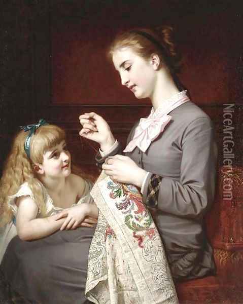 The Embroidery Lesson Oil Painting - Hughes Merles
