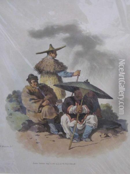A Group Of Chinese Men Habited For Rainy Weather Oil Painting - William Alexander