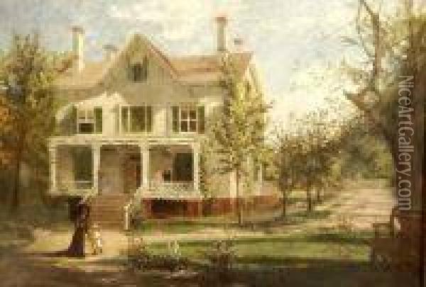 Victorian House With Family In Summer Oil Painting - Frederic Randle