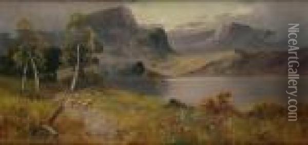 Highland Landscape With Sheep By A Loch Oil Painting - Sidney Yates Johnson