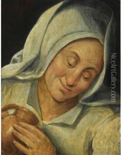 Peasant Woman Holding A Mug Oil Painting - Marten Van Cleve