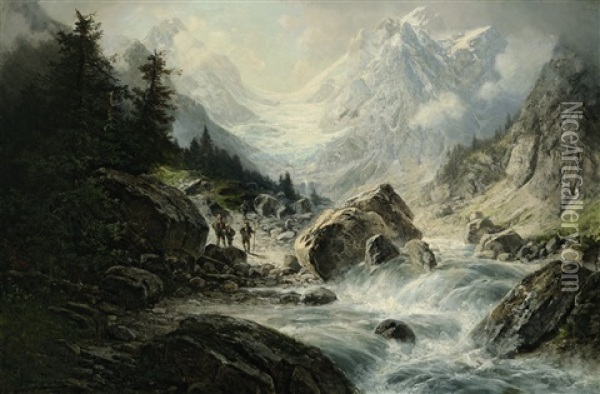 Wanderer Am Gebirgsbach Oil Painting - Alfred K.J.O. von Schoenberger
