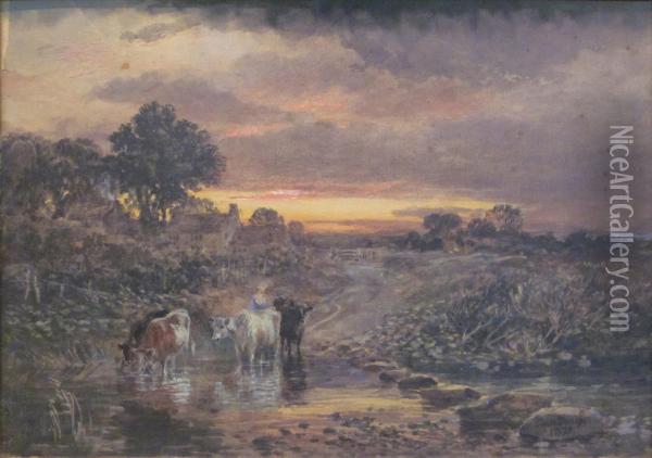 Cattle Watering At Sunset Oil Painting - Samuel Bough