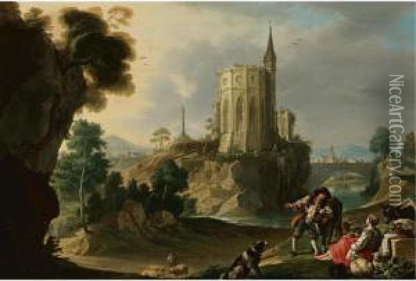 Pastoral With The Ruins Of A Gothic Church On A Rocky Outcropping Beyond Oil Painting - Nicolas-Jacques Juliard