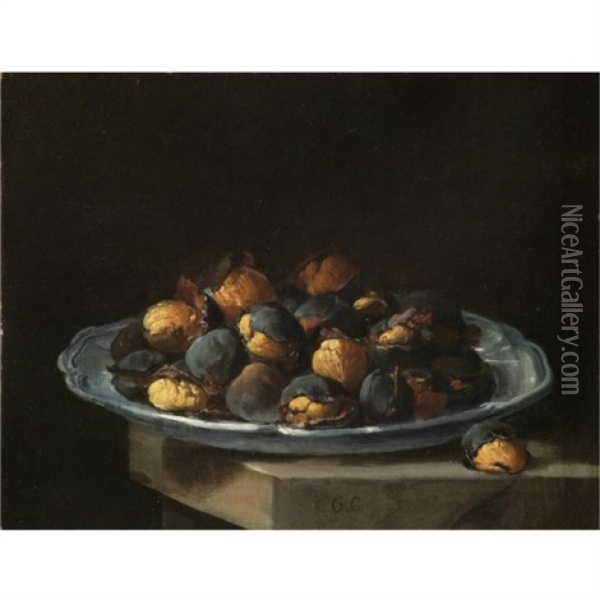 Still Life With Roasted Chestnuts On A White Plate Resting On A Stone Ledge Oil Painting - Giacomo Ceruti