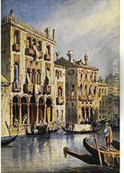 Gondeln Im Kanal Von Venedig Mit Ansicht Gotischer Palaste Oil Painting - William Henry Harriott