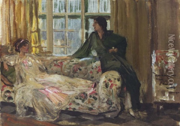 Two Ladies Talking On A Sofa Oil Painting - John Lavery