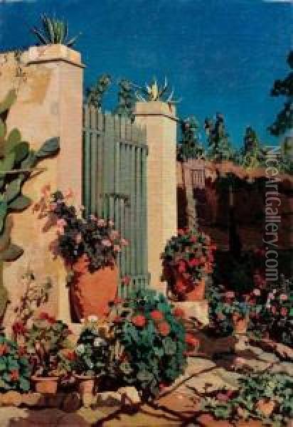 Il Giardino Dei Melograni O Due Orci E Cancello Verde - 1938 Oil Painting - Llewelyn Lloyd