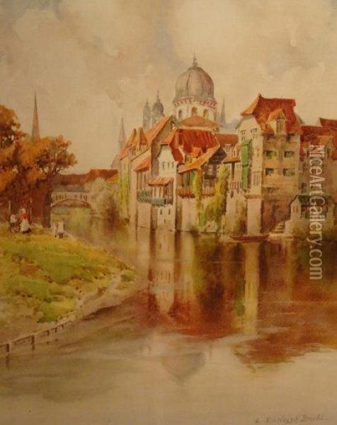 Riverside And Canal View To City, Probably Bruges Oil Painting - Louis Burleigh Bruhl