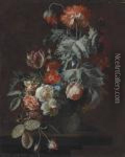 Carnations, Tulips, Roses, Morning Glory Oil Painting - Simon Pietersz. Verelst