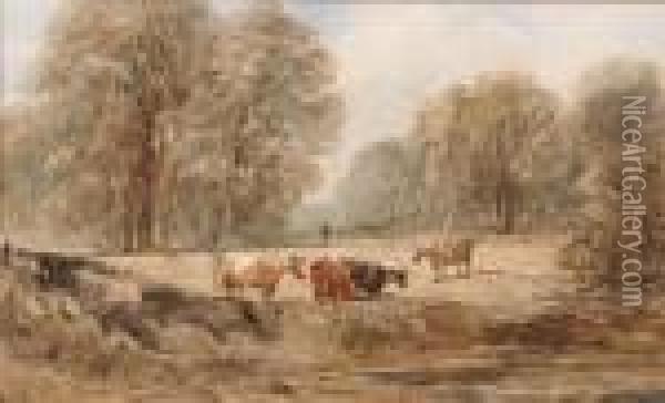 Landscape With Cows Oil Painting - David I Cox